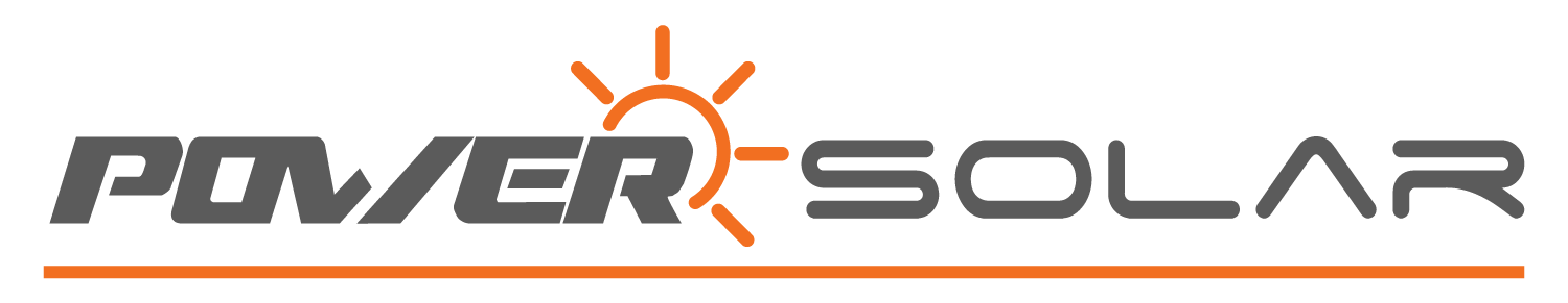 Logo de Power Solar con icono de sol y texto en naranja y negr