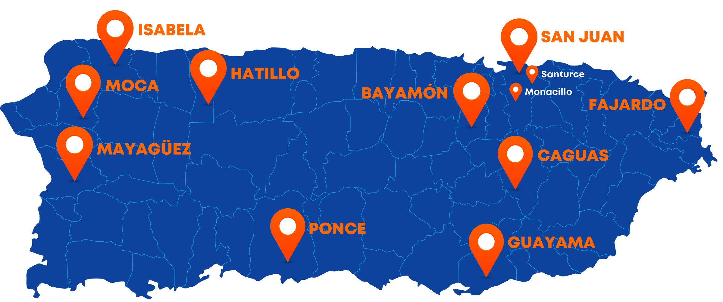 Mapa de Localizaciones de Power Solar en Puerto Rico incluyendo San Juan, Bayamón, Caguas, Fajardo, Guayama, Ponce, Mayagüez, Moca, Hatillo, e Isabela.