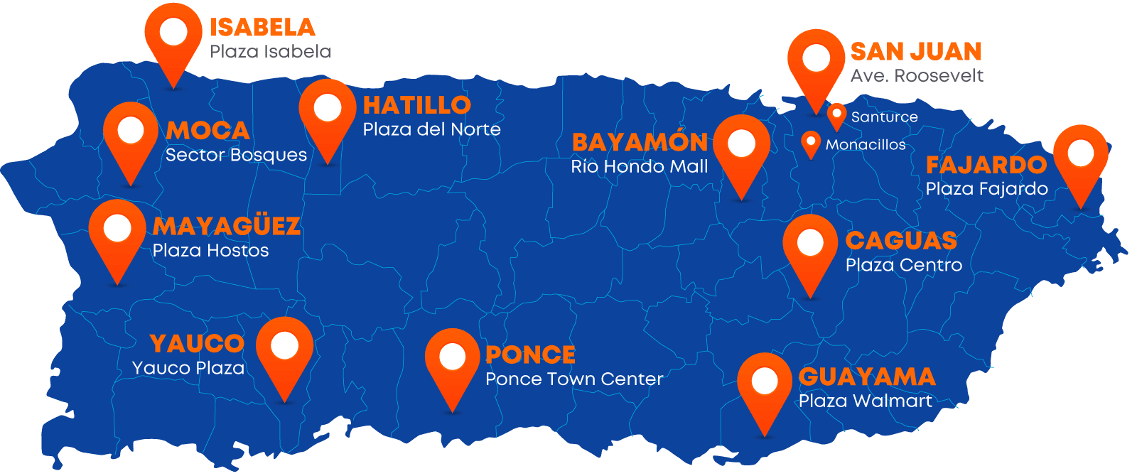 Mapa de Puerto Rico con ubicaciones de Power Solar