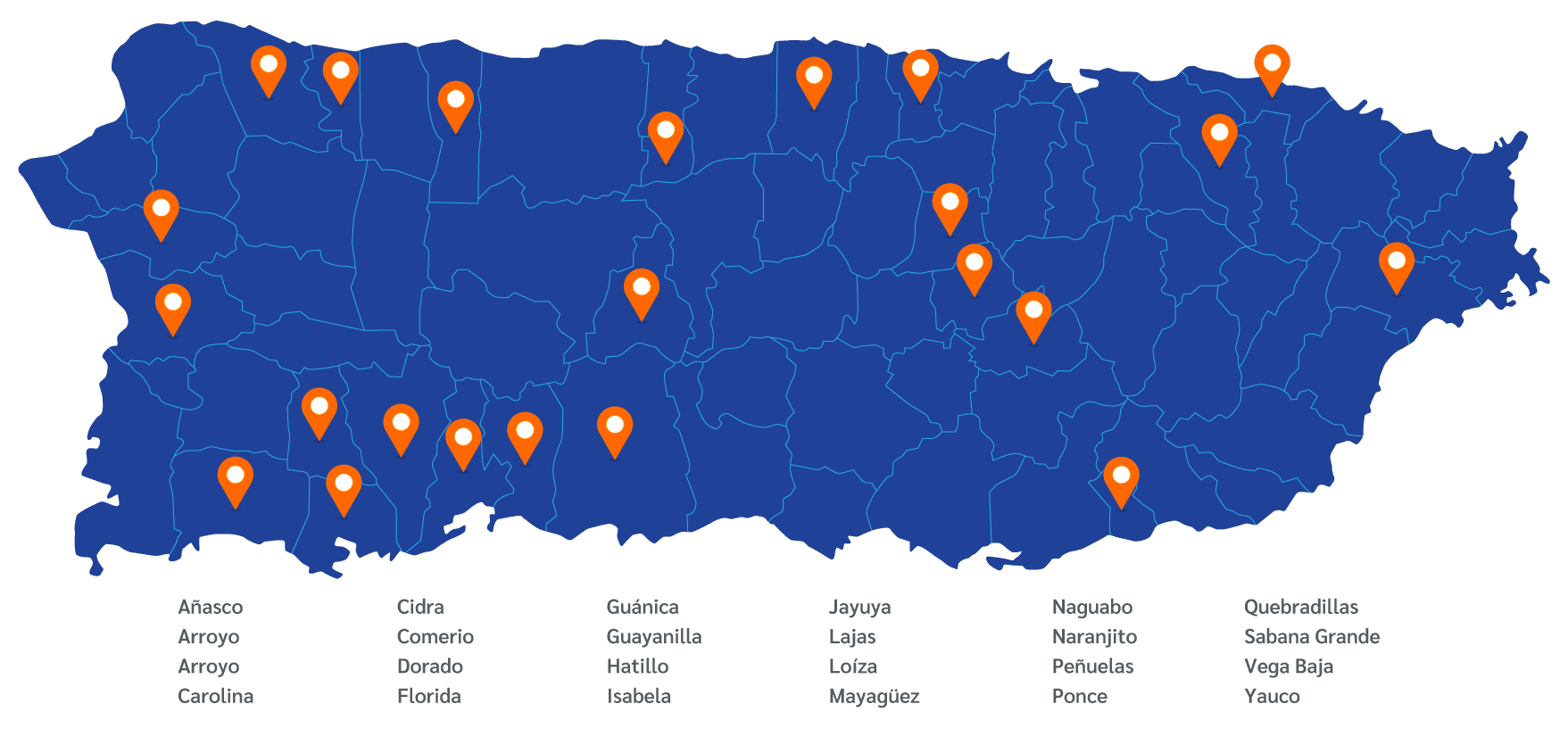 Ubicaciones de proyectos de Power Solar en Puerto Rico mostrando cobertura de instalaciones solares comerciales por municipio